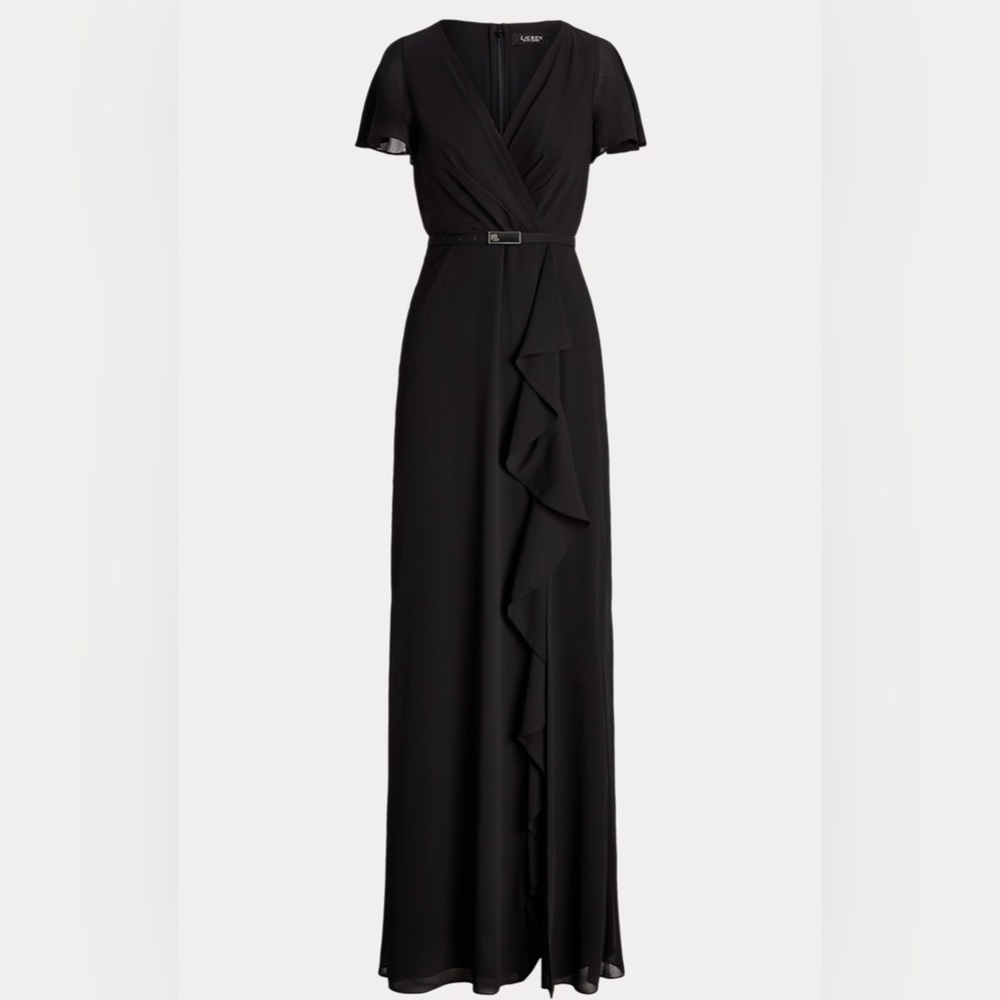 Ralph Lauren Belted Georgette Flutter-Sleeve Gown Black, Size 10